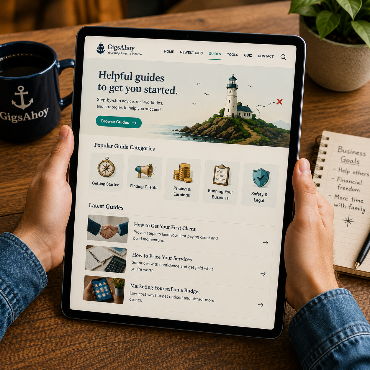 Tablet displaying the GigsAhoy guide library
