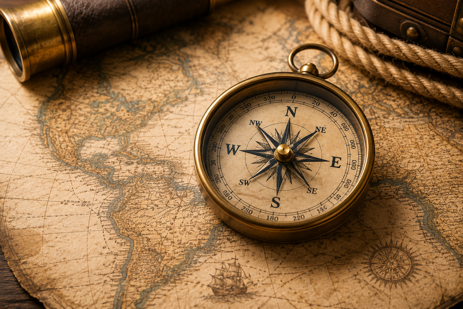 Compass resting on a nautical map