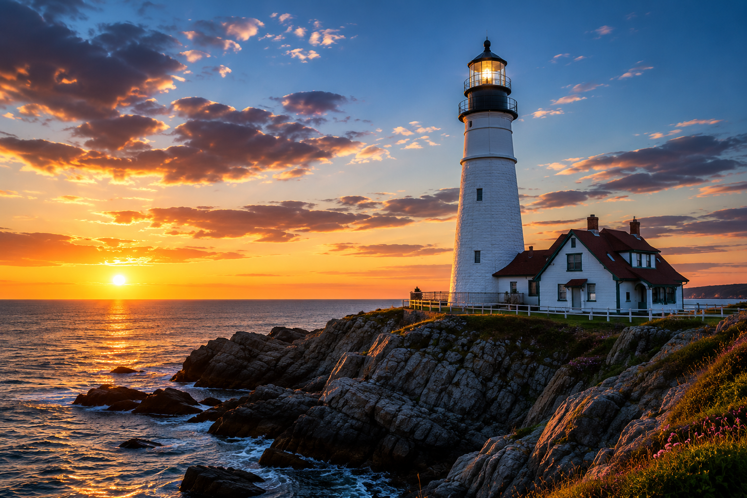 Lighthouse guiding ships from a rocky shoreline