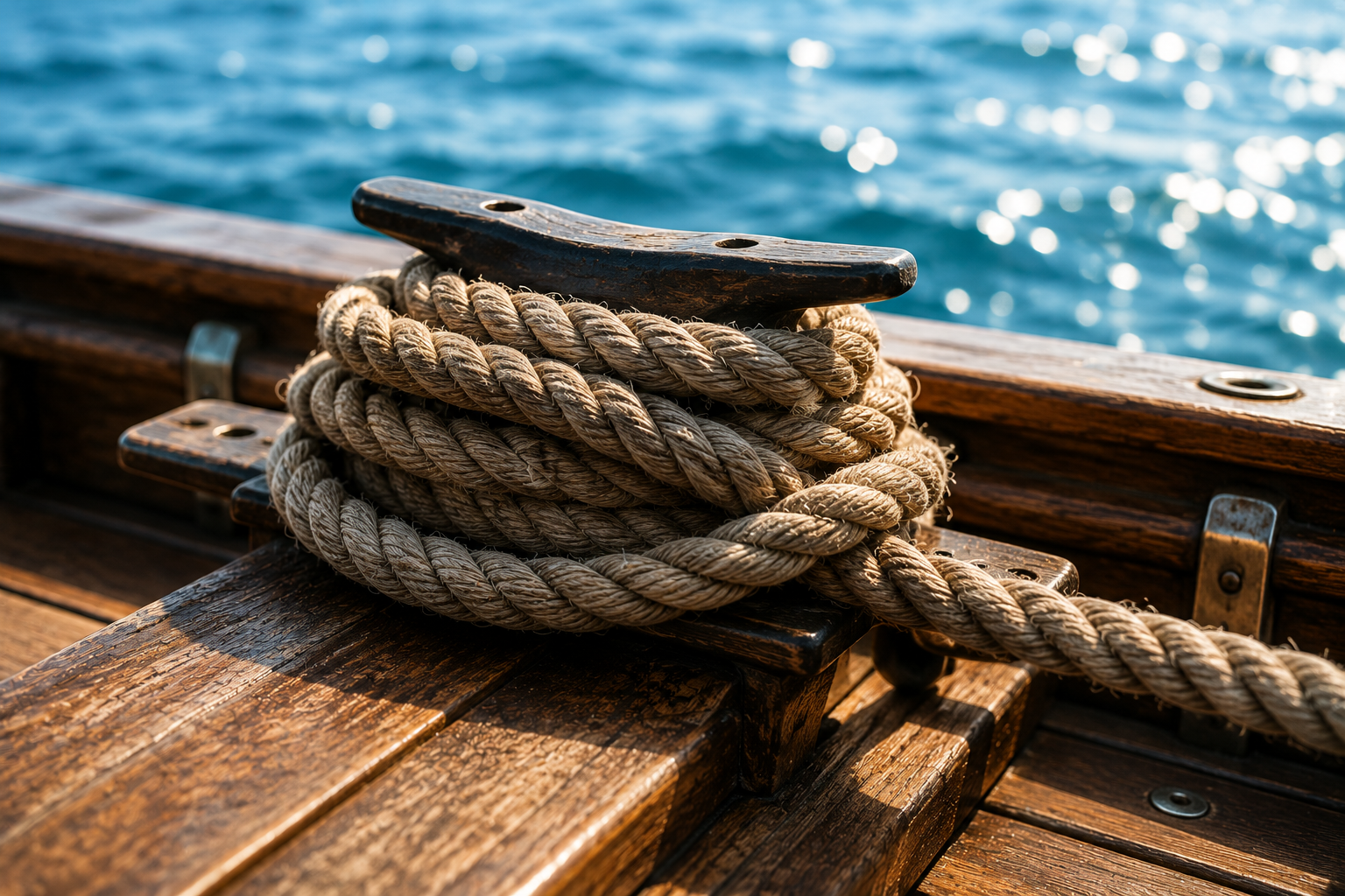 Nautical rope resting on a wooden boat deck
