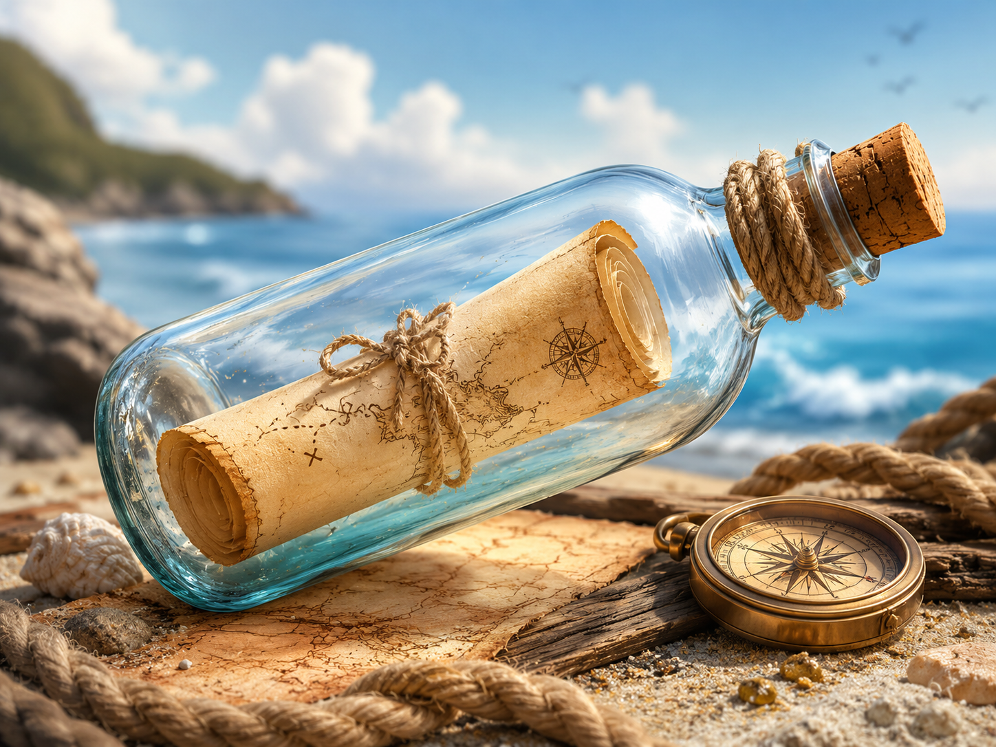 Message in a bottle resting on a beach